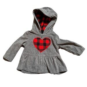 Carter's Girl's 6 Mos Grey With Red Buffalo Plaid Heart‎ Jacket With Lined Hood